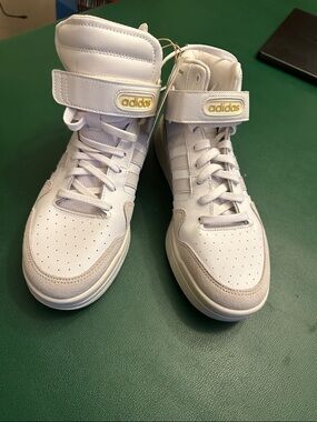 adidas Kids White High-Top Sneakers with Gold Logo Accent